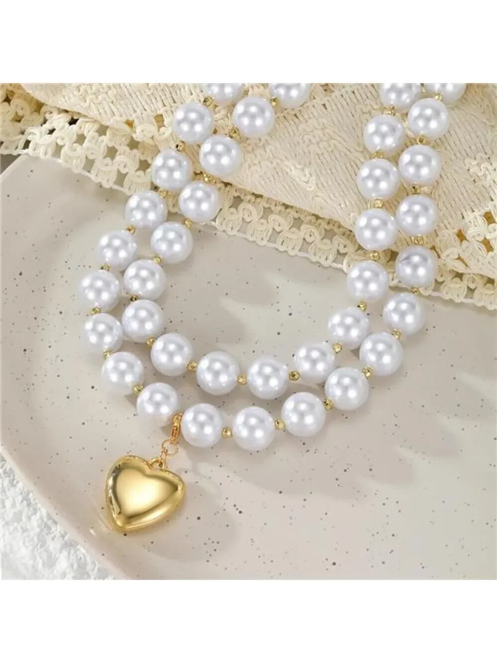 Chunky Pearl Gold Heart Necklace Large Round Bead Layered Necklace